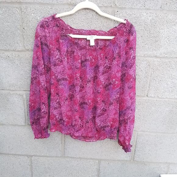 LOFT Blouse Size SP Pink Boho Off the Shoulder Semi Sheer Floral Smocked Hem - Picture 3 of 7